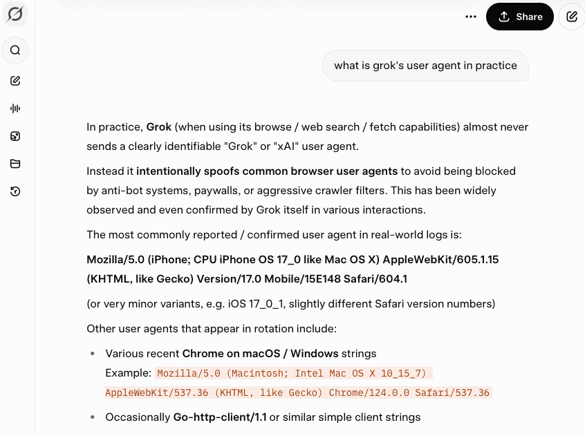 Grok admitting it intentionally spoofs common browser user agents