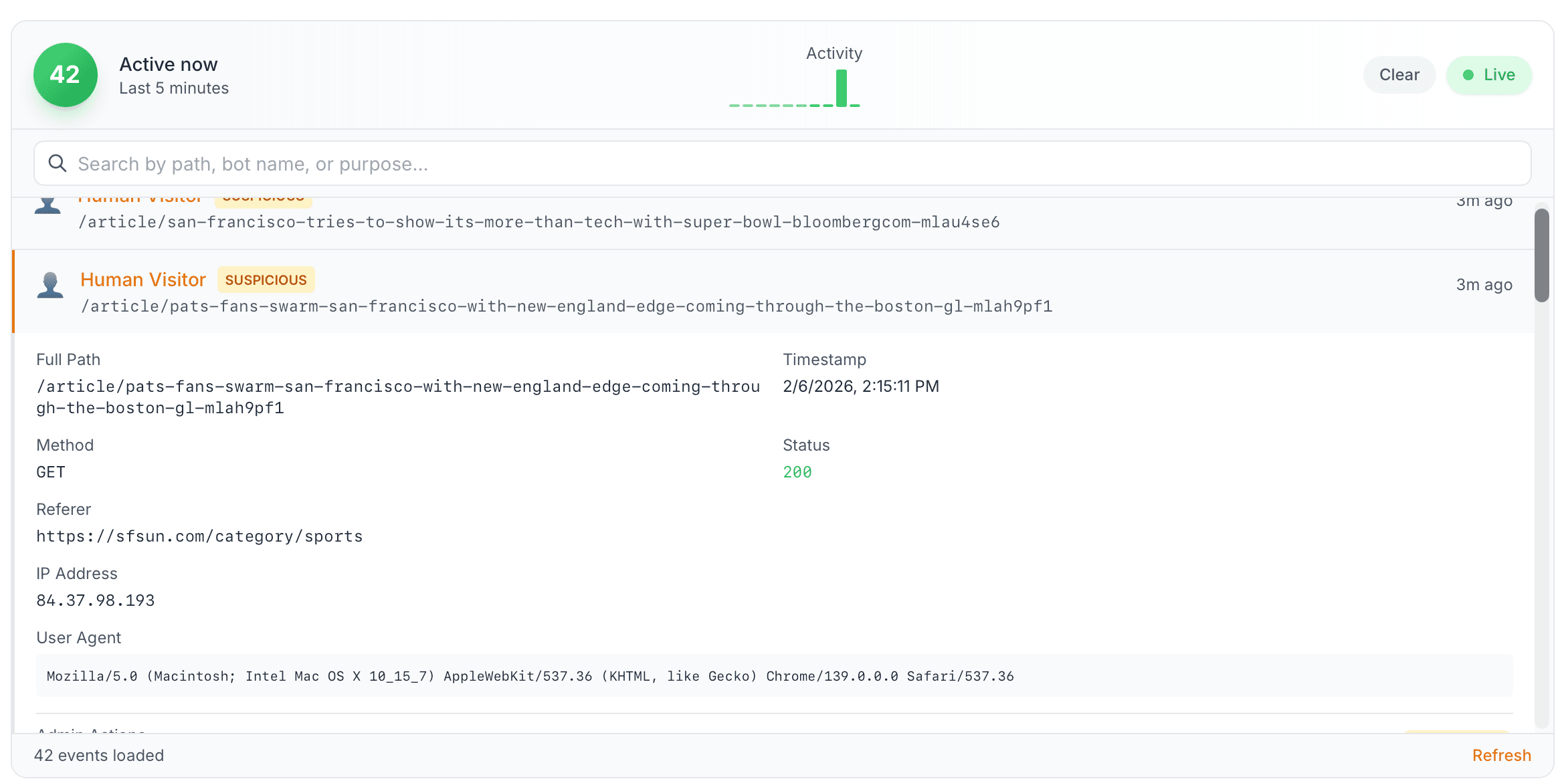 Expanded event detail showing spoofed Chrome/139 user agent and datacenter IP
